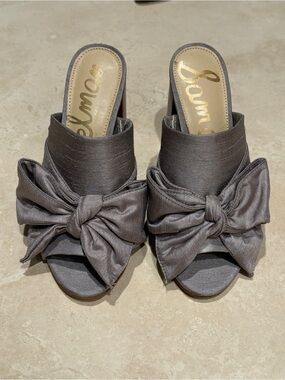 Sam Edelman Pewter Satin Bow Mules